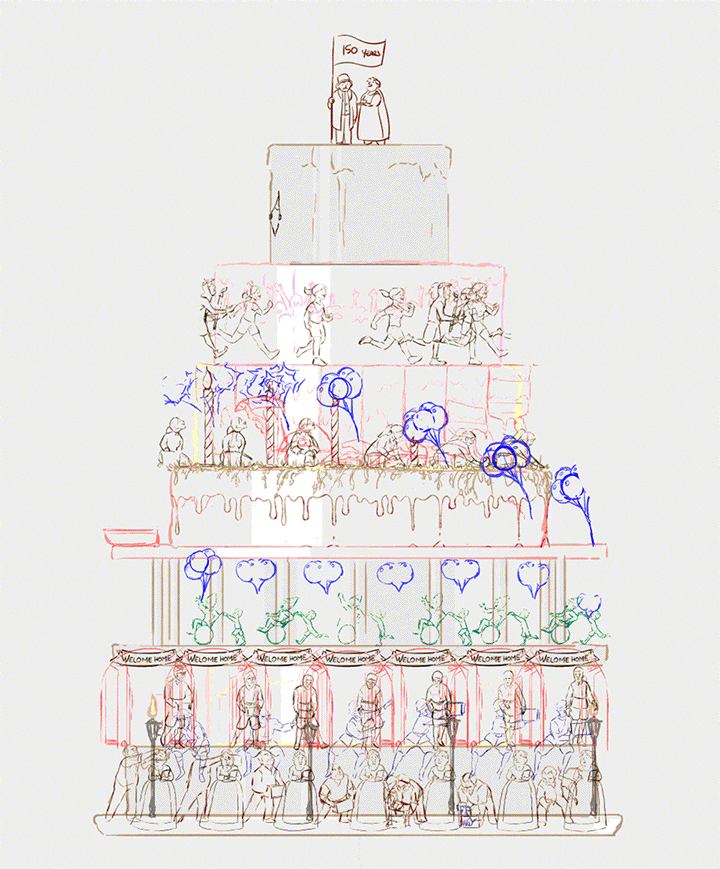 2D hand-drawn animation of the cake